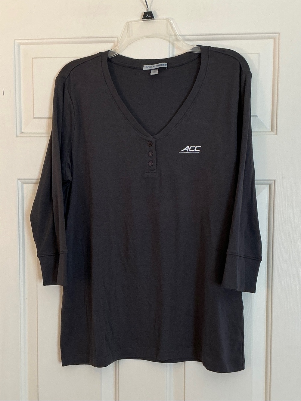 Port Authority Women's Charcoal Gray V-Neck Henley with ACC Embroidery size XL